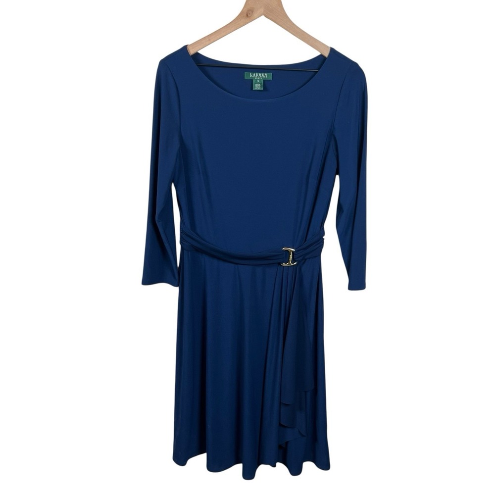 Lauren Ralph Lauren Womens 10 Blue Faux Wrap 3/4 Sleeve Jersey Stretch Dress
